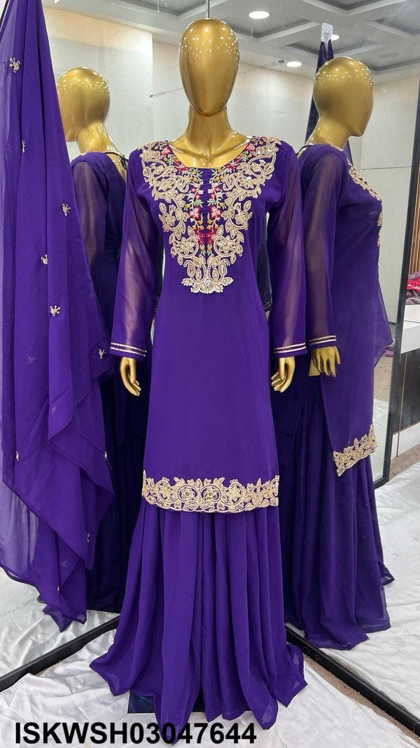 Embroidered Georgette Kurti With Sharara And Dupatta-ISKWSH03047644