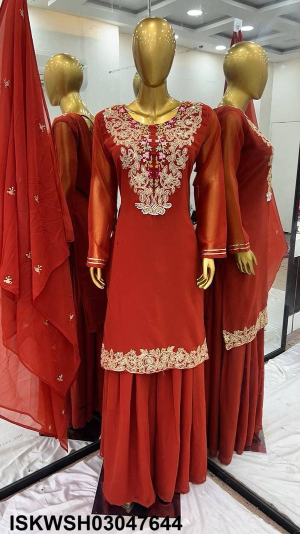 Embroidered Georgette Kurti With Sharara And Dupatta-ISKWSH03047644