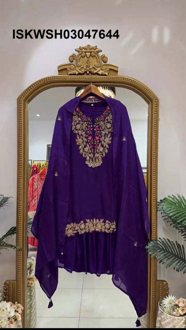 Embroidered Georgette Kurti With Sharara And Dupatta-ISKWSH03047644