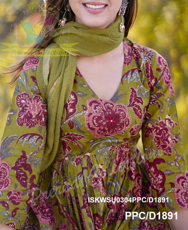 Kalamkari Printed Cotton Anarkali Kurti With Pant And Kota Doriya Dupatta-ISKWSU0304PPC/D1891