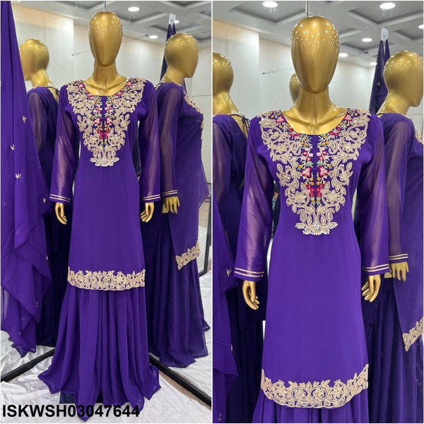 Embroidered Georgette Kurti With Sharara And Dupatta-ISKWSH03047644