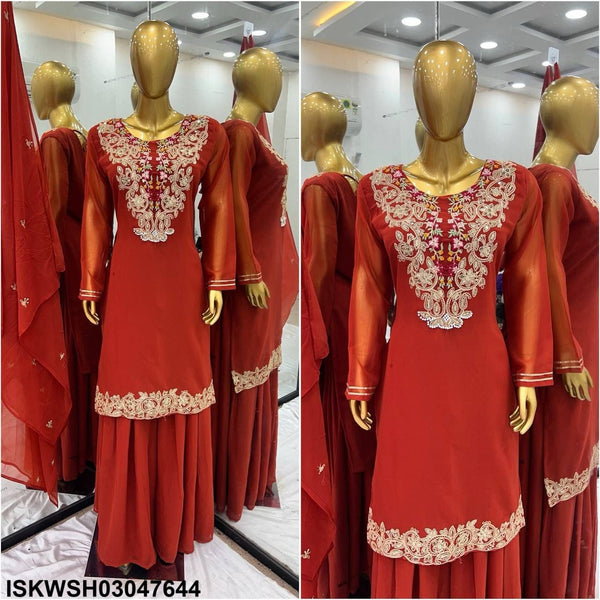 Embroidered Georgette Kurti With Sharara And Dupatta-ISKWSH03047644
