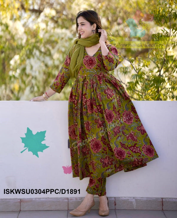 Kalamkari Printed Cotton Anarkali Kurti With Pant And Kota Doriya Dupatta-ISKWSU0304PPC/D1891
