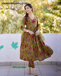 Kalamkari Printed Cotton Anarkali Kurti With Pant And Kota Doriya Dupatta-ISKWSU0304PPC/D1891