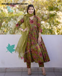 Kalamkari Printed Cotton Anarkali Kurti With Pant And Kota Doriya Dupatta-ISKWSU0304PPC/D1891