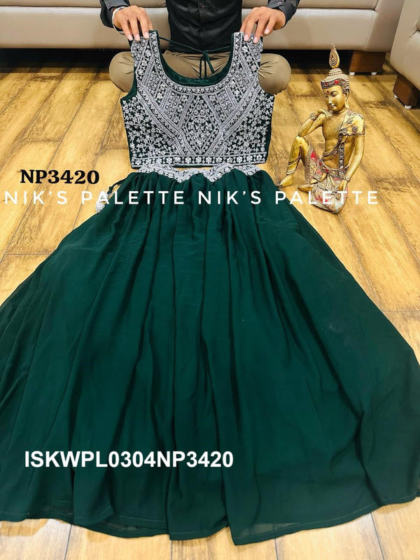 Embroidered Georgette Crop Top With Palazzo And Shrug-ISKWPL0304NP3420