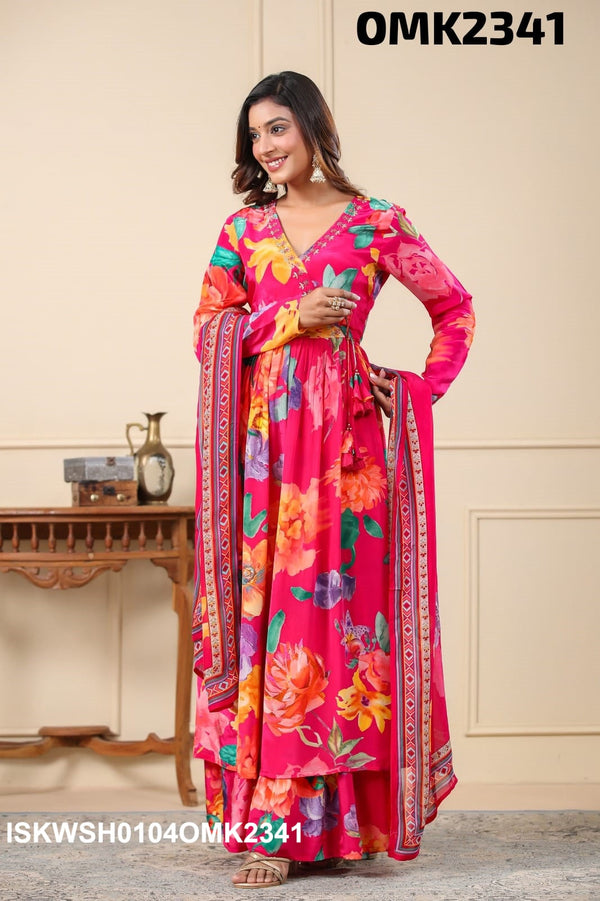 Digital Floral Printed Crepe Anarkali Kurti With Sharara And Dupatta-ISKWSH0104OMK2341