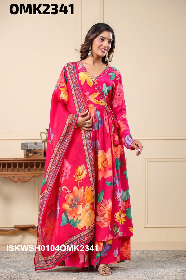 Digital Floral Printed Crepe Anarkali Kurti With Sharara And Dupatta-ISKWSH0104OMK2341