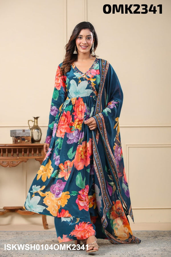 Digital Floral Printed Crepe Anarkali Kurti With Sharara And Dupatta-ISKWSH0104OMK2341