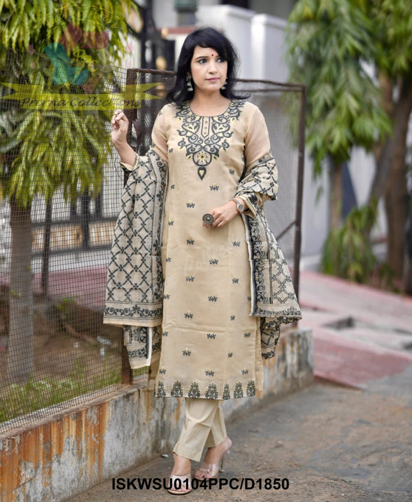 Hand Jamdani Weaved Cotton Kurti With Pant And Dupatta-ISKWSU0104PPC/D1850