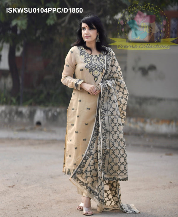 Hand Jamdani Weaved Cotton Kurti With Pant And Dupatta-ISKWSU0104PPC/D1850
