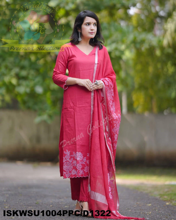 Hand Crafted Cotton Kurti With Handloom Cotton Pant And Handloom Dupatta-ISKWSU1004PPC/D1322