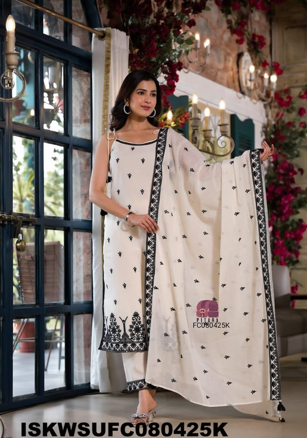 Embroidered Malmal Cotton Kurti With Cotton Pant And Dupatta-ISKWSUFC080425K