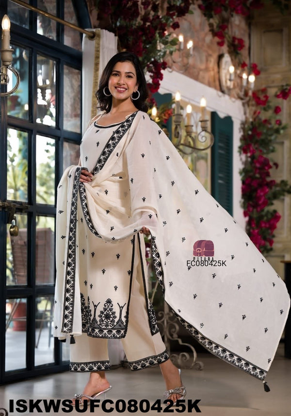 Embroidered Malmal Cotton Kurti With Cotton Pant And Dupatta-ISKWSUFC080425K