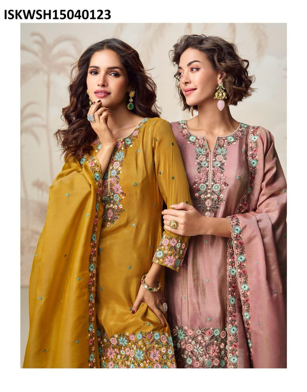 Embroidered Organza Shimmer Silk Kurti With Sharara And Dupatta-ISKWSH15040123