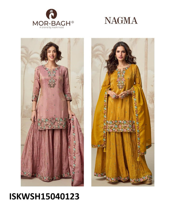 Embroidered Organza Shimmer Silk Kurti With Sharara And Dupatta-ISKWSH15040123