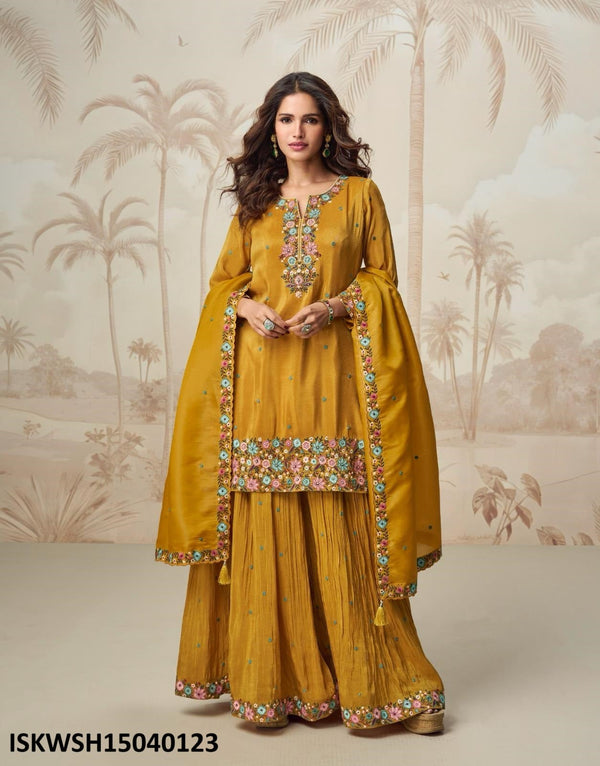 Embroidered Organza Shimmer Silk Kurti With Sharara And Dupatta-ISKWSH15040123