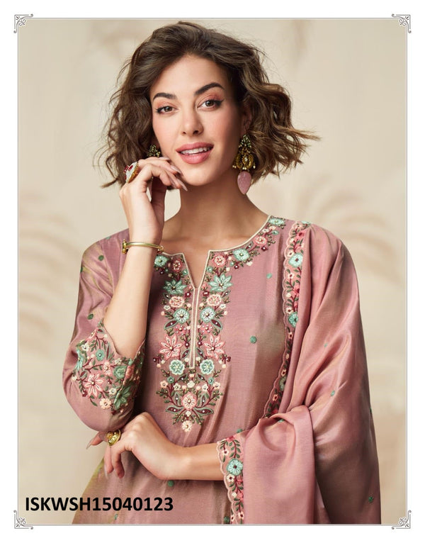 Embroidered Organza Shimmer Silk Kurti With Sharara And Dupatta-ISKWSH15040123