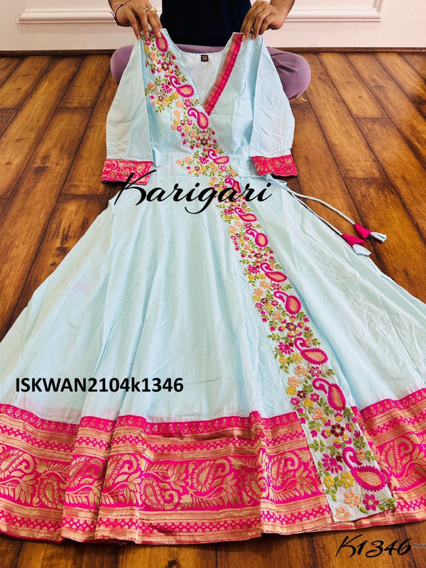 Embroidered Malmal Cotton Anarkali With Banarasi Silk Dupatta-ISKWAN2104k1346