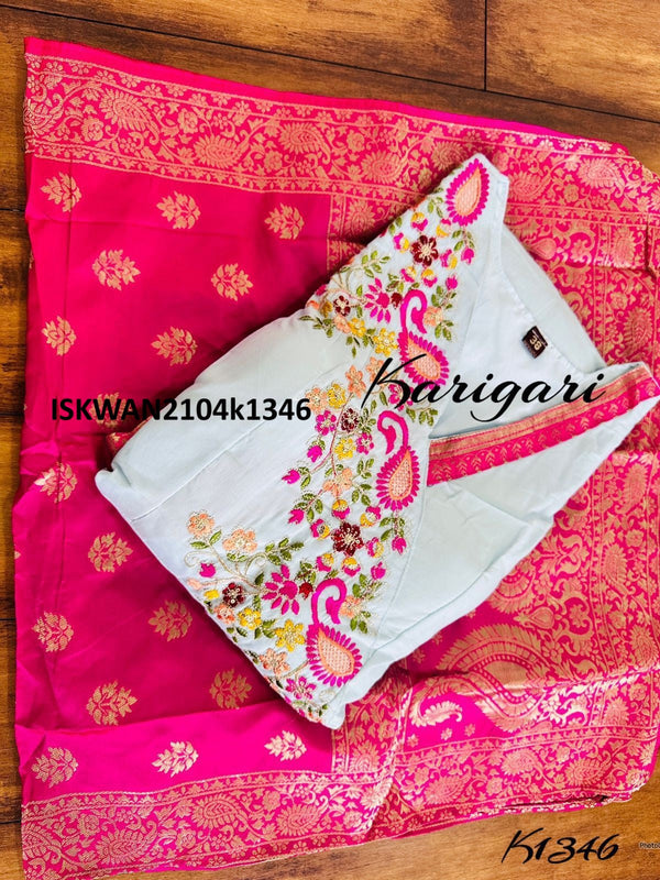Embroidered Malmal Cotton Anarkali With Banarasi Silk Dupatta-ISKWAN2104k1346