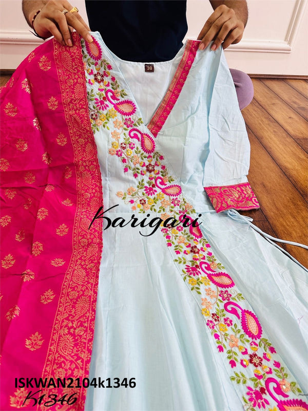 Embroidered Malmal Cotton Anarkali With Banarasi Silk Dupatta-ISKWAN2104k1346
