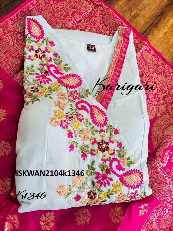 Embroidered Malmal Cotton Anarkali With Banarasi Silk Dupatta-ISKWAN2104k1346