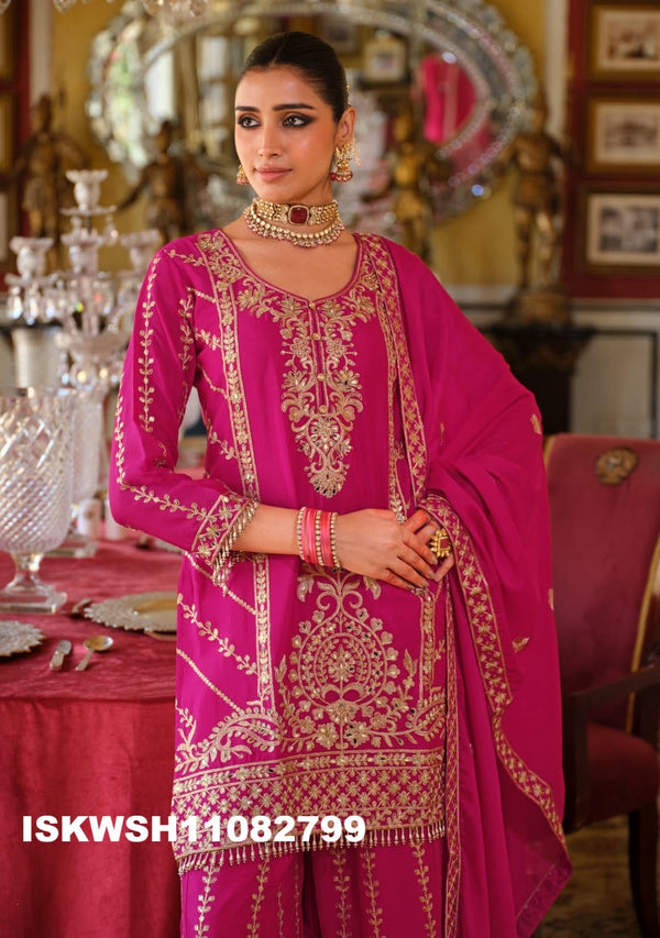 Embroidered Chinon Kurti With Sharara And Dupatta-ISKWSH11082799