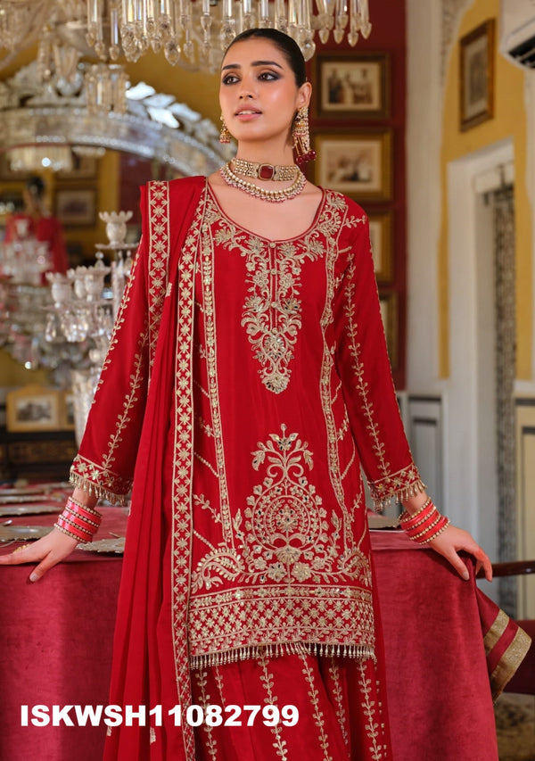 Embroidered Chinon Kurti With Sharara And Dupatta-ISKWSH11082799