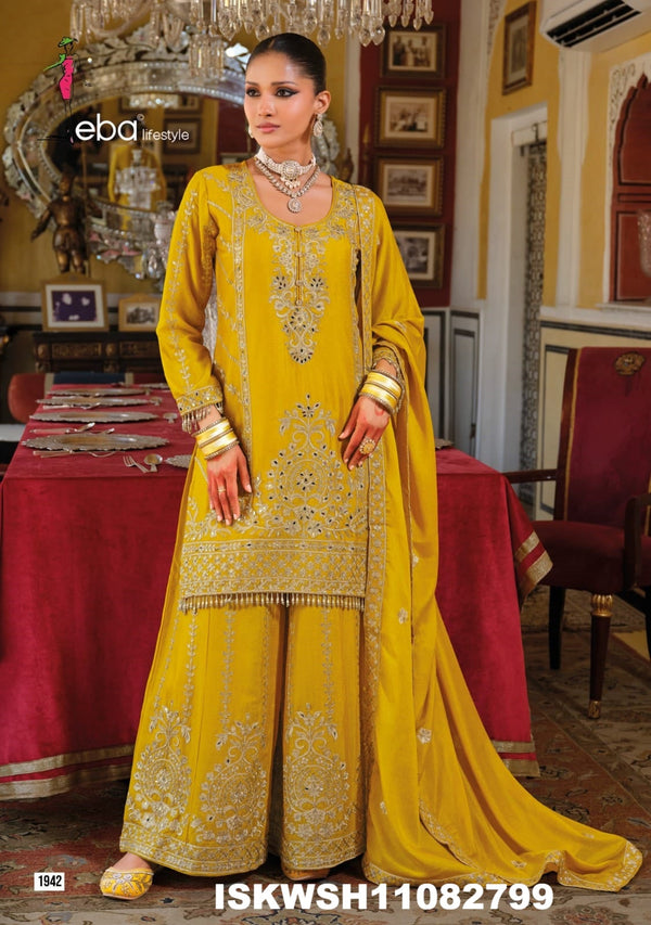 Embroidered Chinon Kurti With Sharara And Dupatta-ISKWSH11082799
