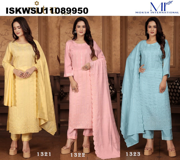 Embroidered Chanderi Kurti With Pant And Dupatta-ISKWSU12089950