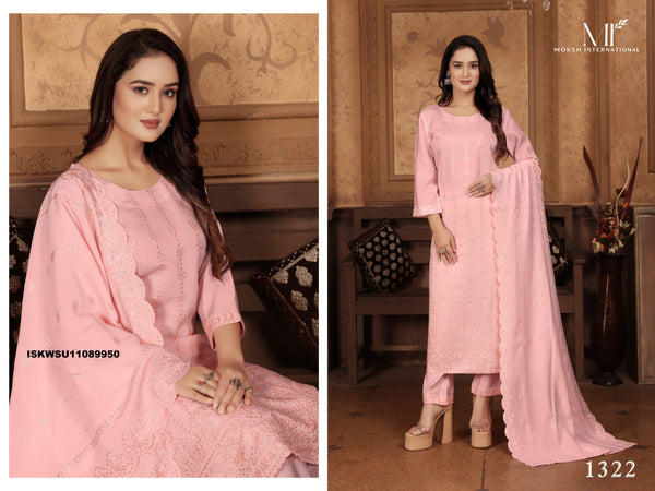 Embroidered Chanderi Kurti With Pant And Dupatta-ISKWSU12089950