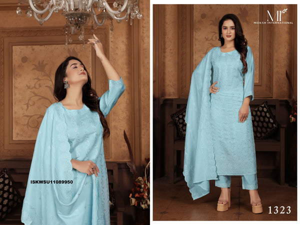 Embroidered Chanderi Kurti With Pant And Dupatta-ISKWSU12089950