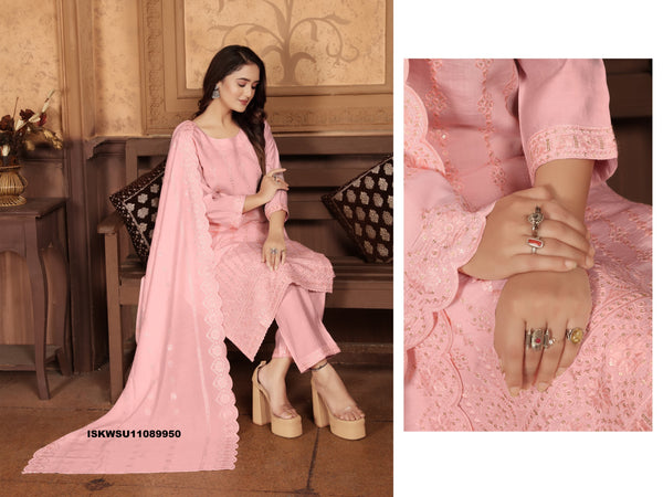Embroidered Chanderi Kurti With Pant And Dupatta-ISKWSU12089950