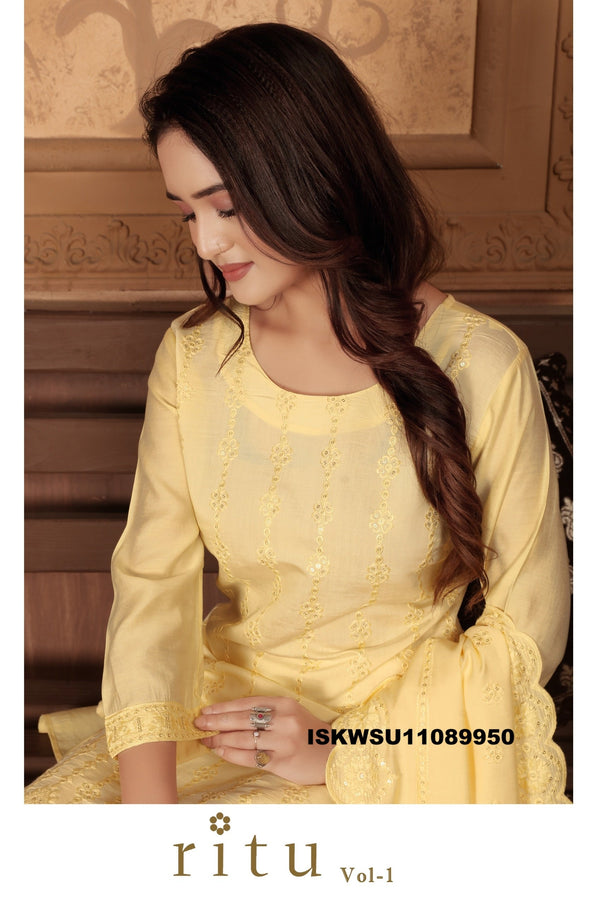Embroidered Chanderi Kurti With Pant And Dupatta-ISKWSU12089950