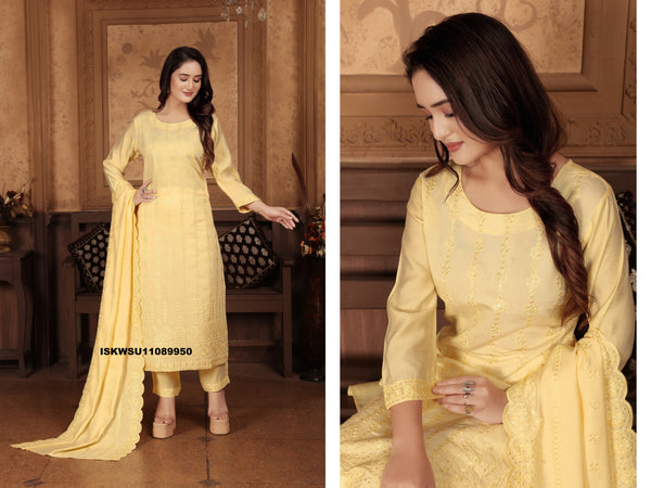 Embroidered Chanderi Kurti With Pant And Dupatta-ISKWSU12089950