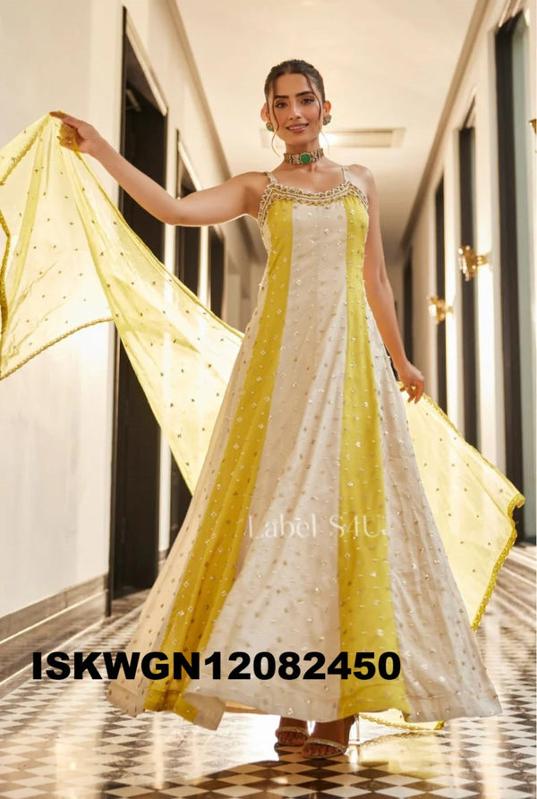 Embroidered Silk Gown With Dupatta-ISKWGN12082450