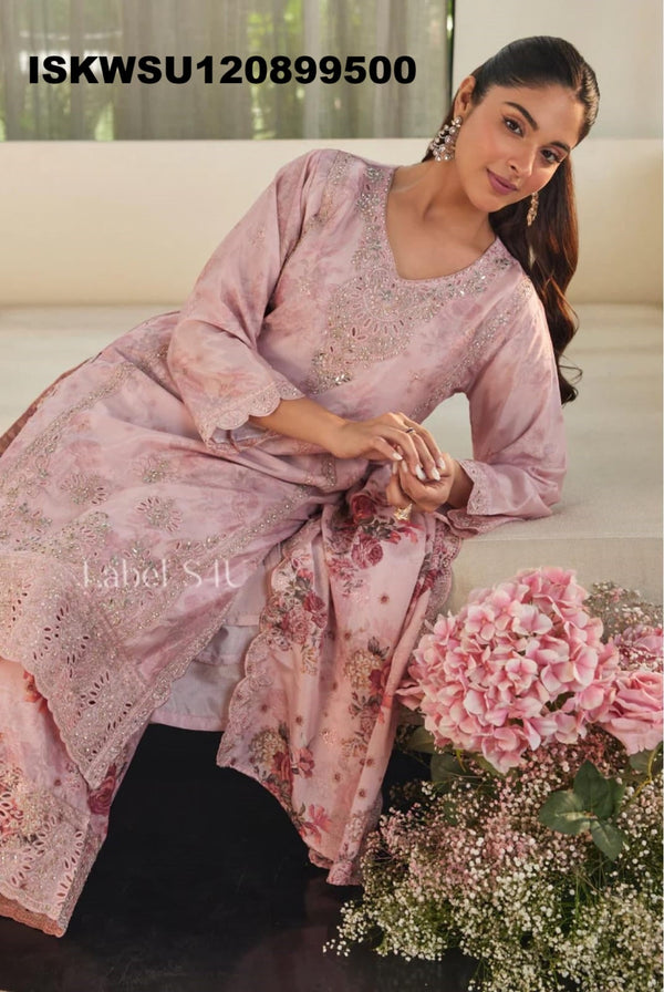 Embroidered Silk Kurti With Palazzo And Printed Dupatta-ISKWSU130899500