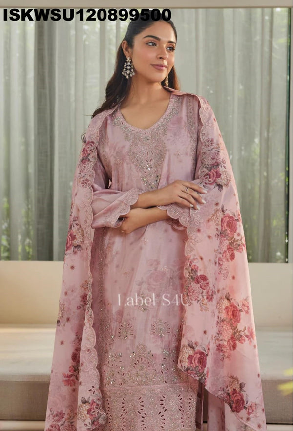 Embroidered Silk Kurti With Palazzo And Printed Dupatta-ISKWSU130899500