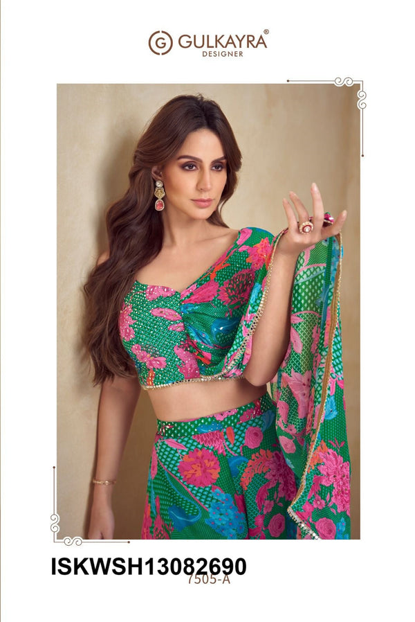 Digital Printed Chinon Silk Crop Top With Sharara Attached With Dupatta-ISKWSH13082690