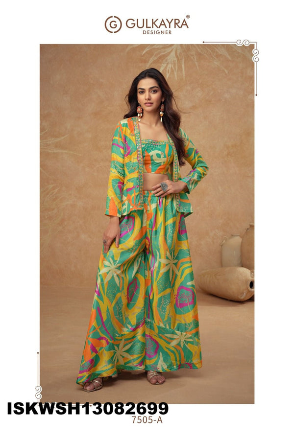 Digital Printed Chinon Silk Crop Top With Sharara And Jacket-ISKWSH13082699