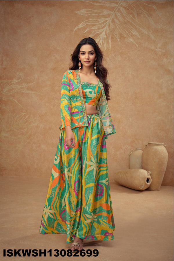 Digital Printed Chinon Silk Crop Top With Sharara And Jacket-ISKWSH13082699