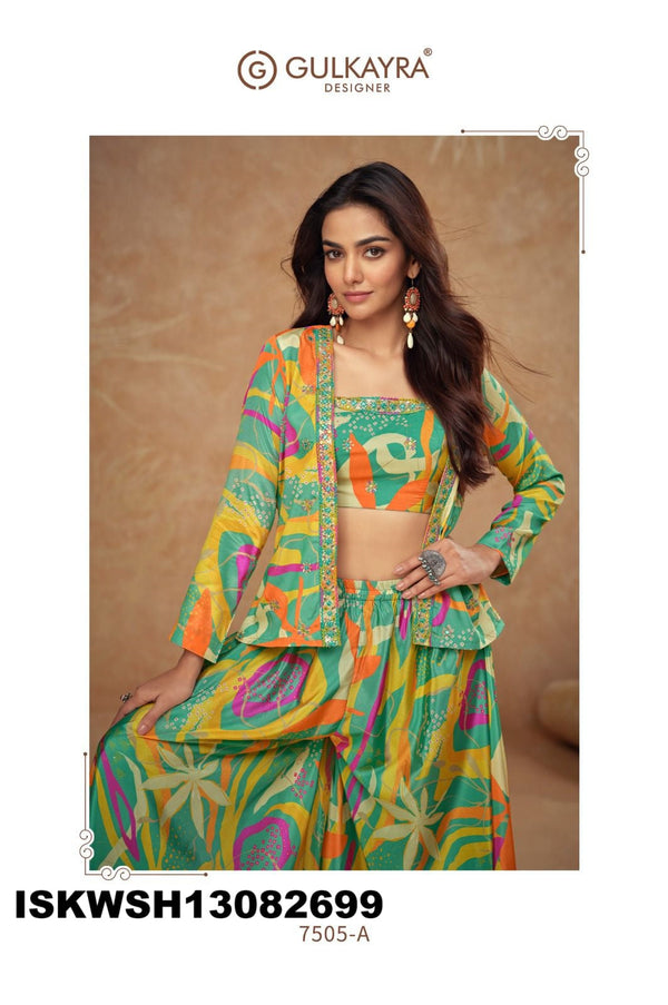 Digital Printed Chinon Silk Crop Top With Sharara And Jacket-ISKWSH13082699