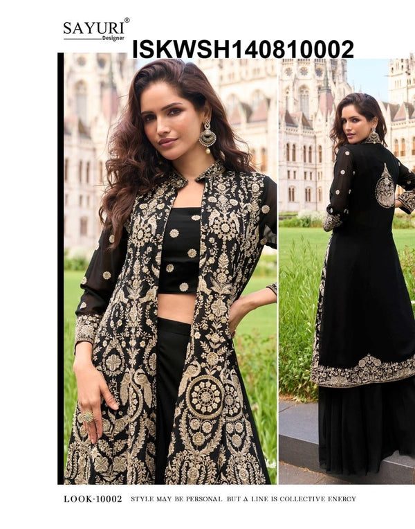 Georgette Crop Top With Sharara And Embroidered Shrug-ISKWSH140810002