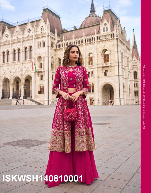 Georgette Crop Top With Sharara And Embroidered Shrug-ISKWSH140810001