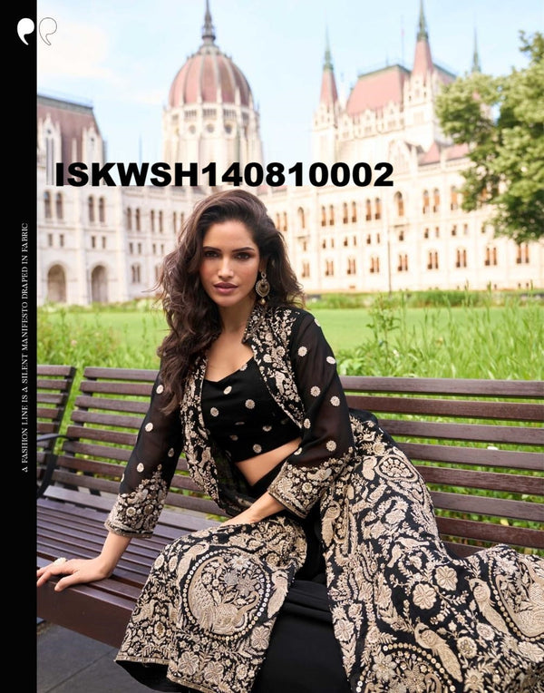 Georgette Crop Top With Sharara And Embroidered Shrug-ISKWSH140810002
