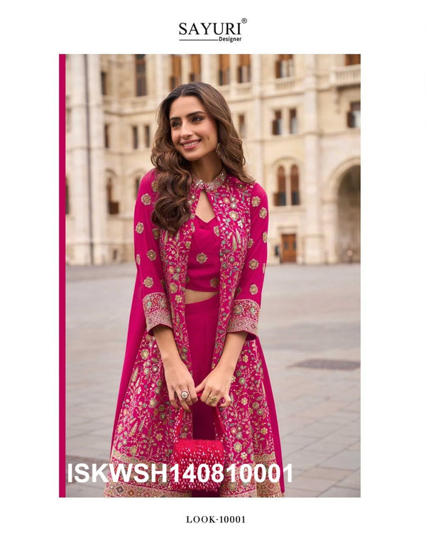 Georgette Crop Top With Sharara And Embroidered Shrug-ISKWSH140810001