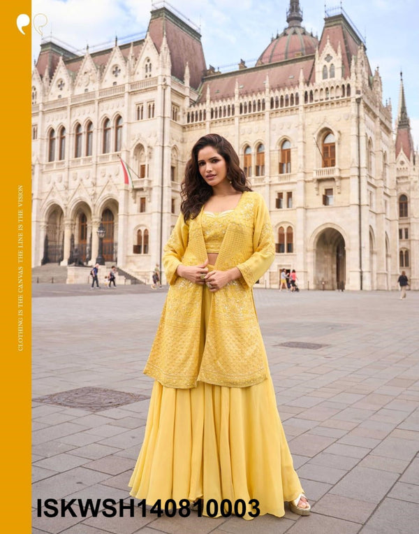 Georgette Crop Top With Sharara And Embroidered Shrug-ISKWSH140810003
