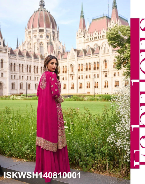 Georgette Crop Top With Sharara And Embroidered Shrug-ISKWSH140810001