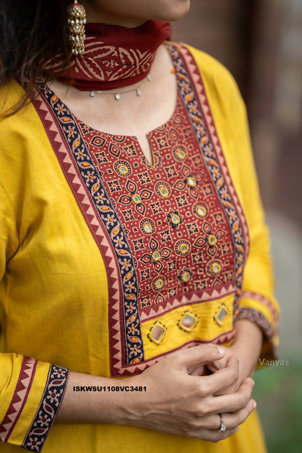 Handloom Cotton Kurti With Pant And Hand Block Printed Dupatta-ISKWSU1108VC3481