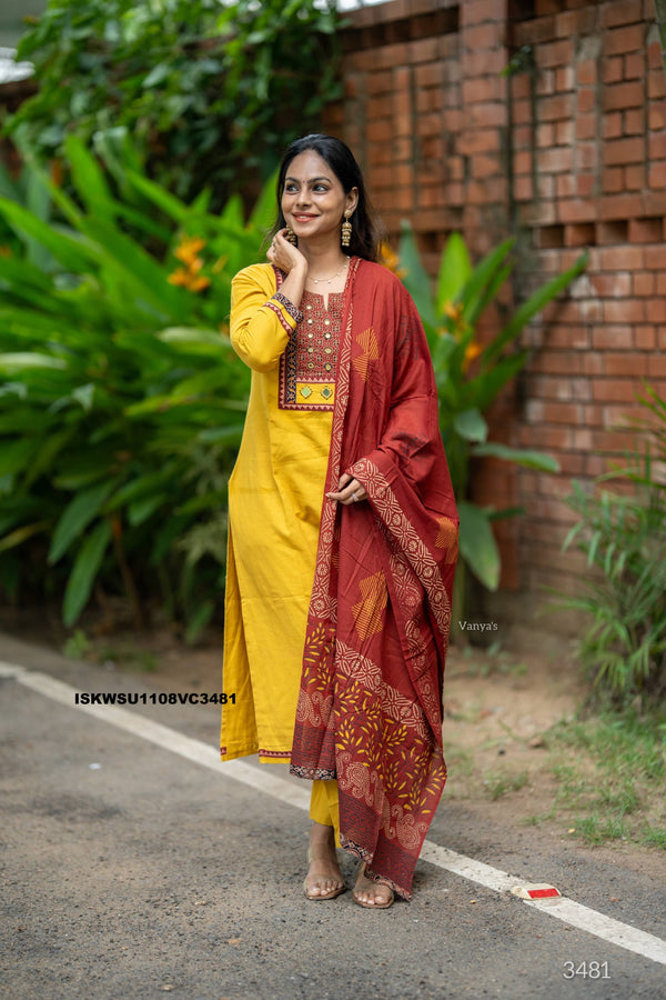 Handloom Cotton Kurti With Pant And Hand Block Printed Dupatta-ISKWSU1108VC3481